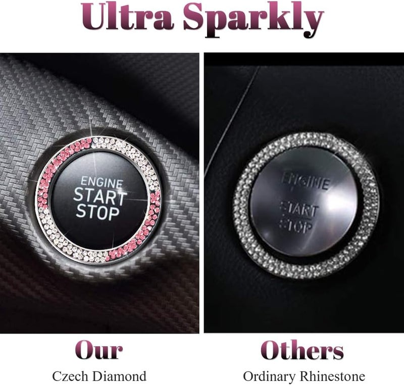 ToBeQueen White Pink Bling Push Start Button Cover Emblem Sticker, Crystal Diamond Rhinestone Push Start Ring Car Decor, Pink and White Bling Car Accessories - Image 3